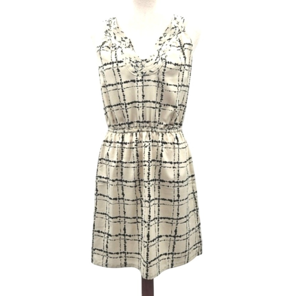 Loft Sleeveless Dress Cream & Black Plaid Print Ruffle Neck Summer Casual